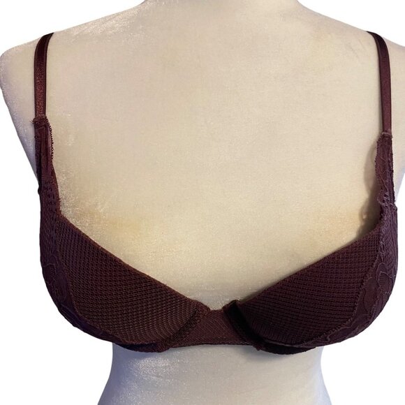 Auden Women Wine Purple Lace Underwire Plunge Coverage Push-Up Bra Sz 34B - Picture 1 of 7